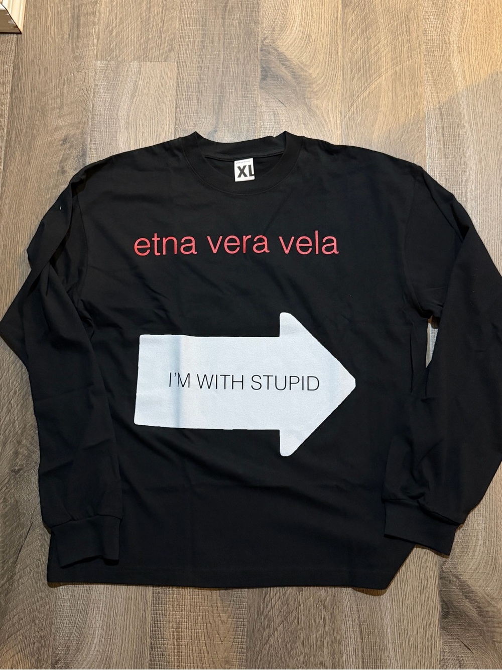 Etna Vera vela Graphic Long Sleeve Tee with White Arrow and Red Text